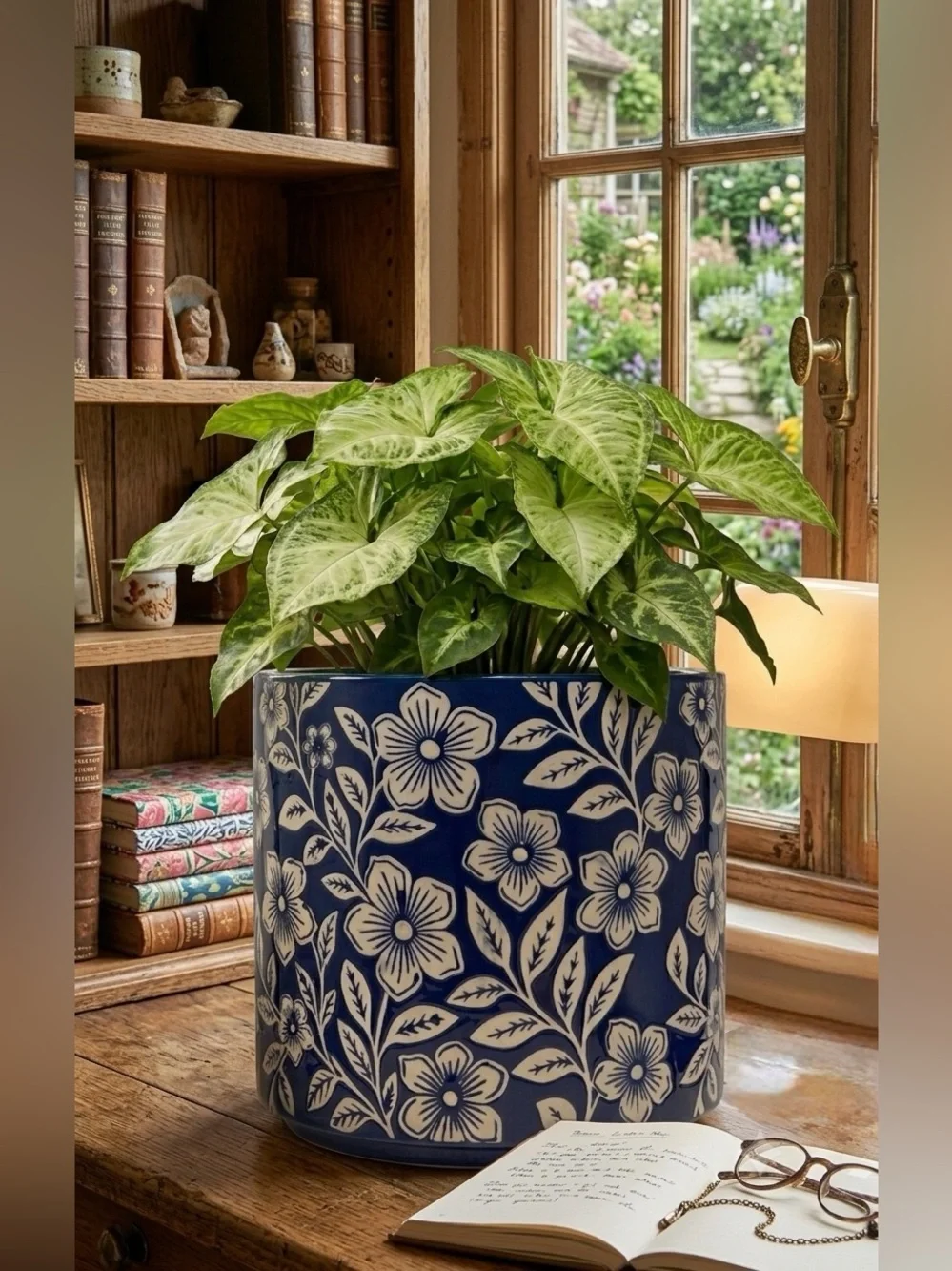Blue and White Floral Ceramic Planter with Drainage Hole, 7 Inch Flower Pot
